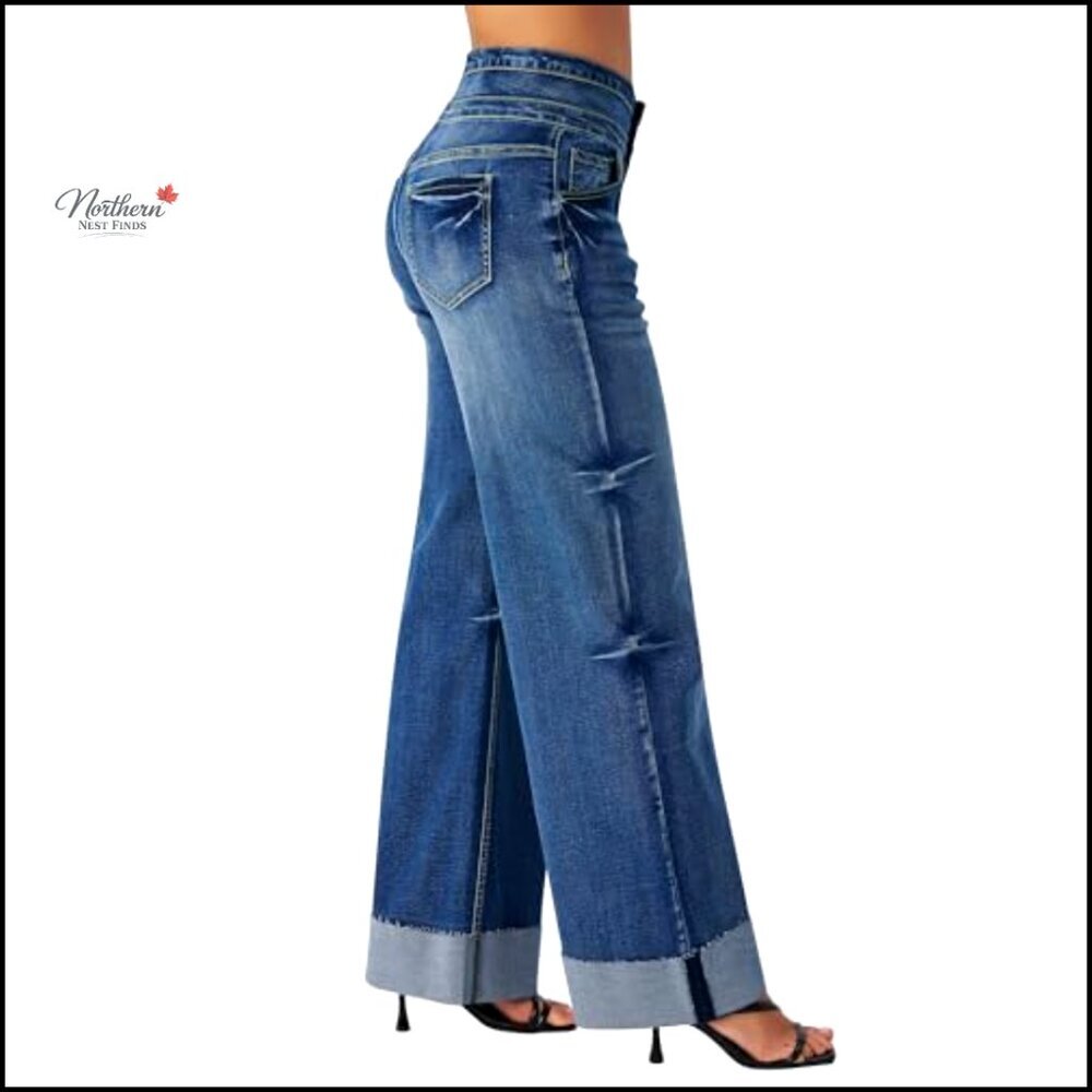 High Waisted Stretchy Wide Leg Jeans, Cuffed Baggy Denim Pants, 29.92 Inseam - Picture 2 of 7